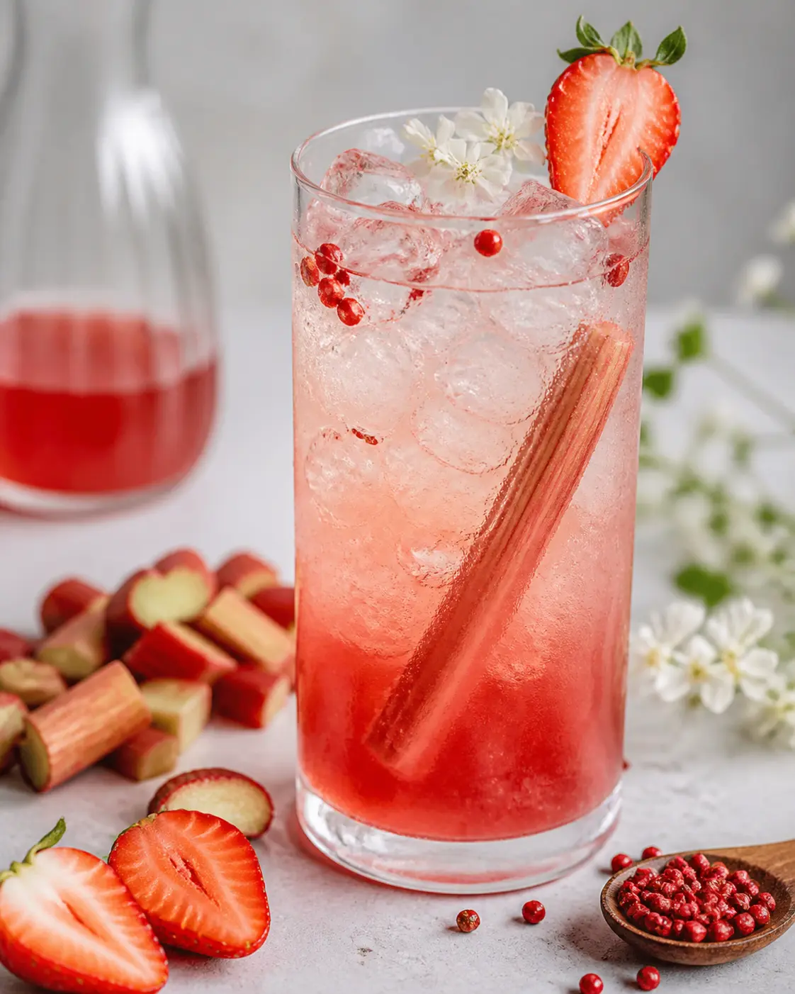 Soda helada de ruibarbo, fresa y té de jazmín con pimienta rosa