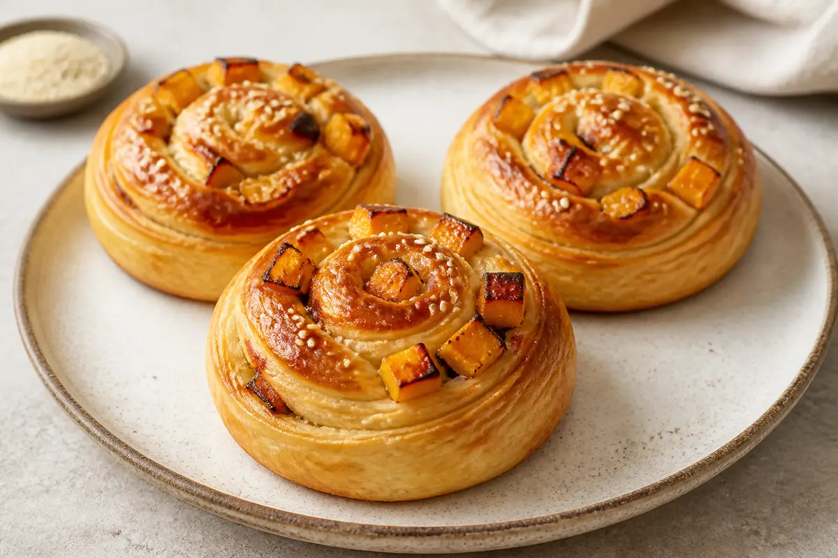 Espirales de Panadería con Mantequilla de Brown Sugar, Calabaza Rostizada y Semillas de Sésamo