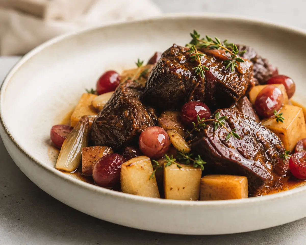 Slow Cooker Beef Cheeks with Celeriac, Red Grapes and Balsamic Thyme