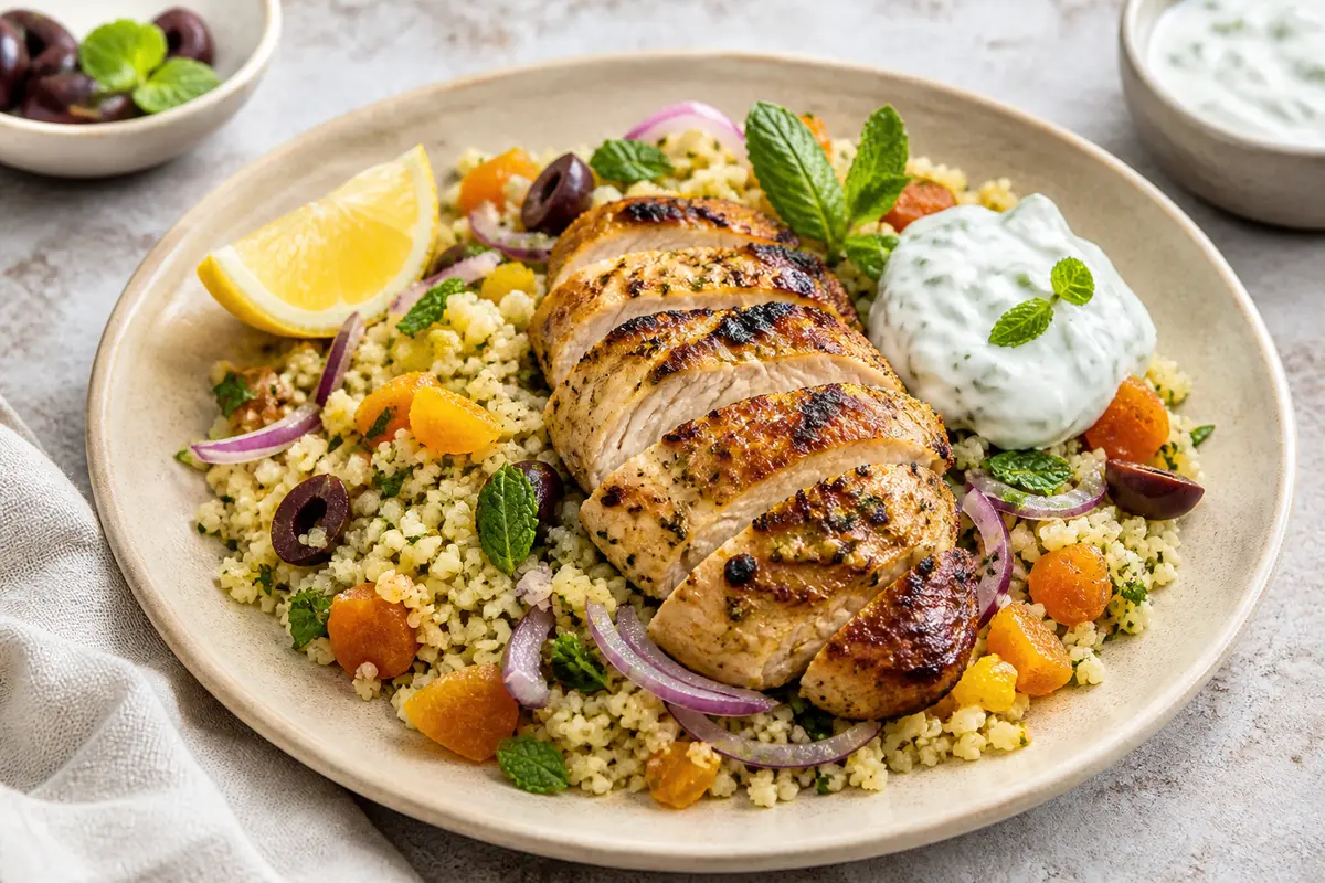 Pollo Mediterráneo al Limón con Cuscús de Coliflor, Aceitunas, Albaricoque y Yogur de Menta