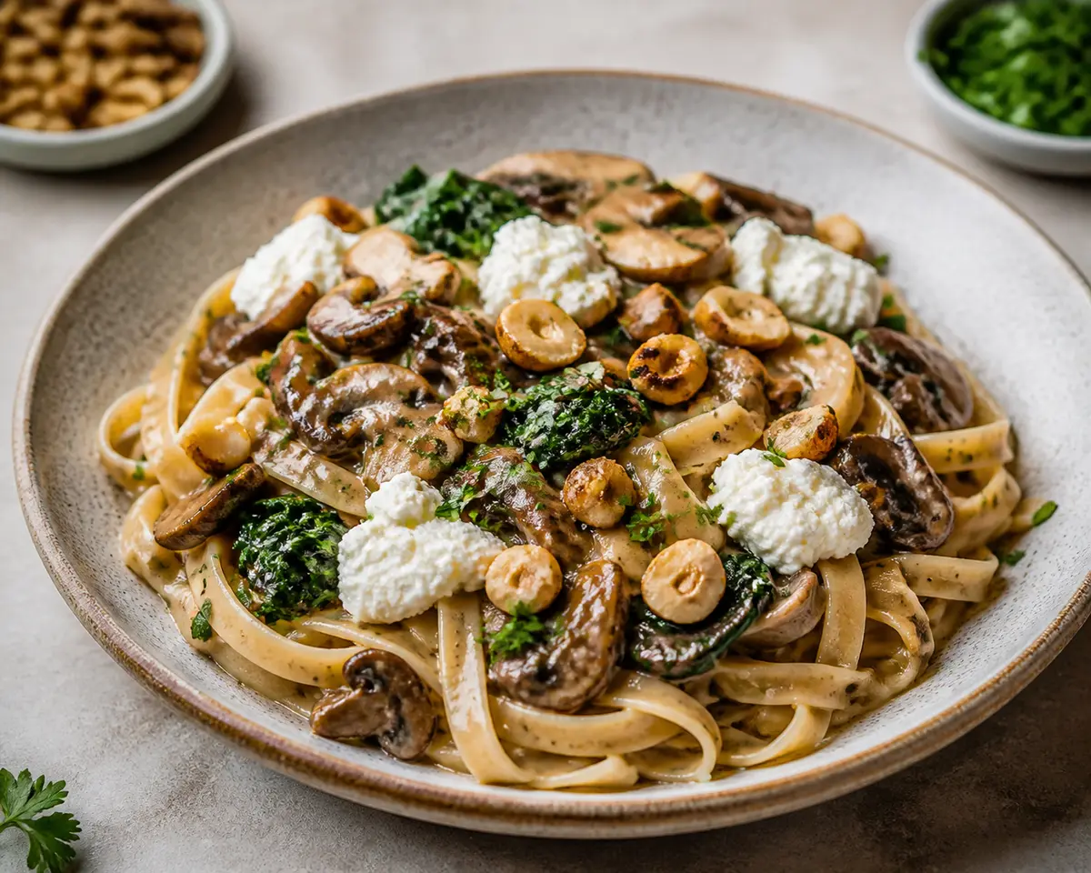 Creamy Marsala Mushroom Tagliatelle with Whipped Ricotta, Sautéed Spinach, and Parsley Hazelnuts