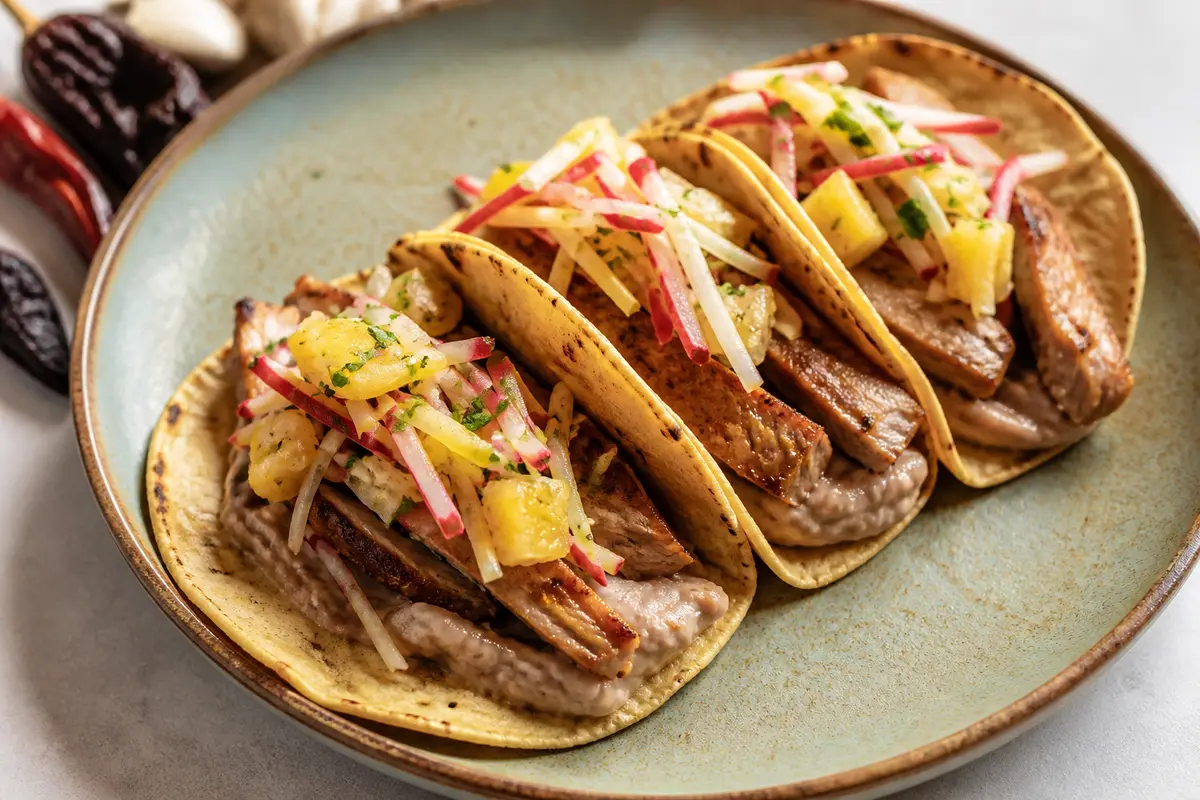 Pork Tacos with Chile Puya, Peruvian Bean Purée, and Crunchy Pineapple Radish Slaw