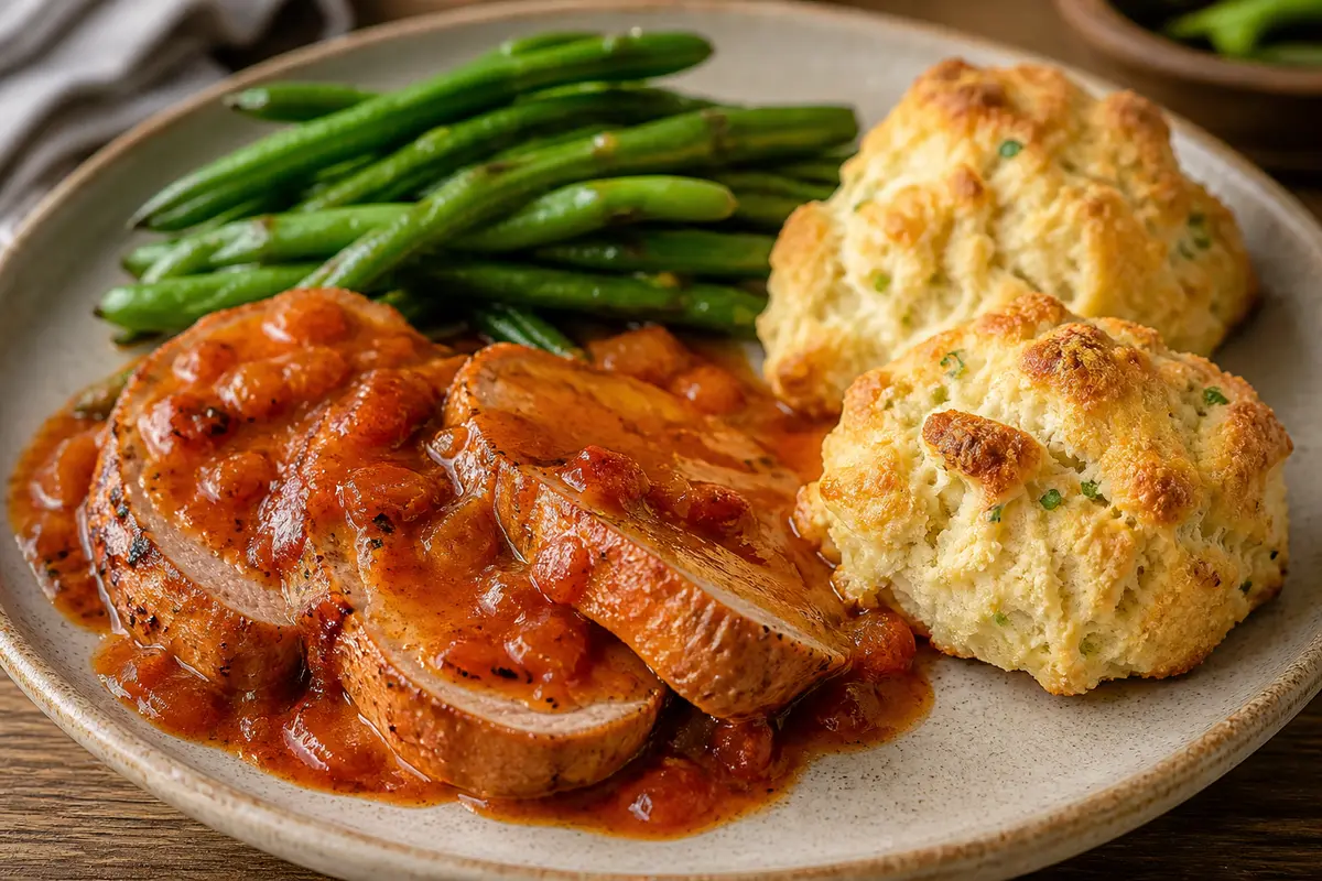 Country Turkey Skillet with Bourbon Tomato Gravy, Chive Buttermilk Drop Biscuits, and Sautéed Green Beans