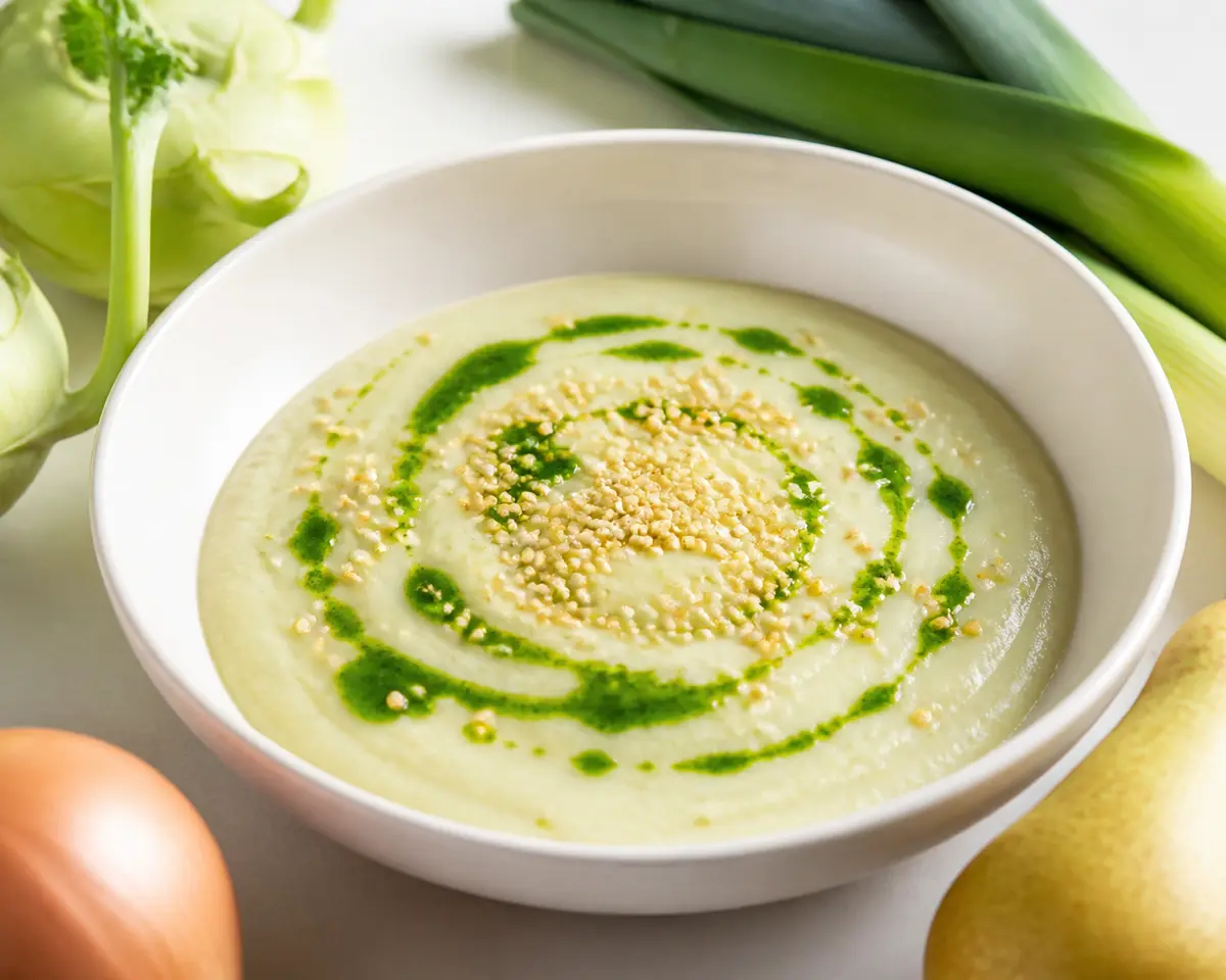 Sopa cremosa de colinabo, puerro y pera con mijo tostado y aceite de cebollino