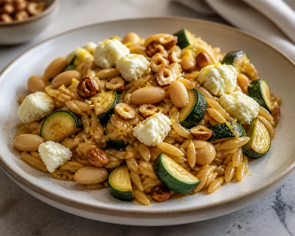Warm toasted orzo salad with smoky zucchini, buttery beans, lemon ricotta and crunchy hazelnuts
