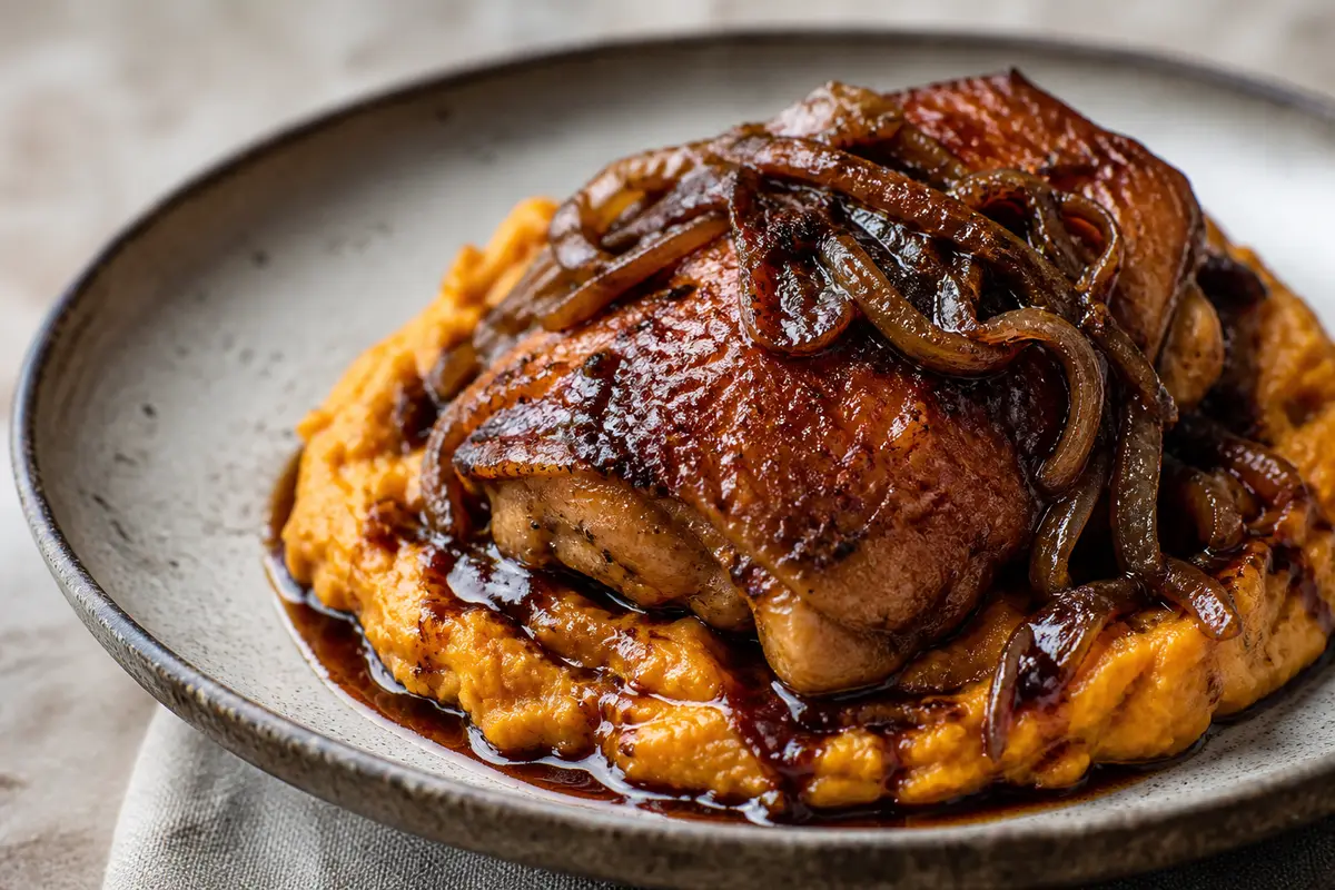 Oven-Baked Chicken with Caramelized Onion, Balsamic and Cocoa Glaze over Rustic Sweet Potato Mash
