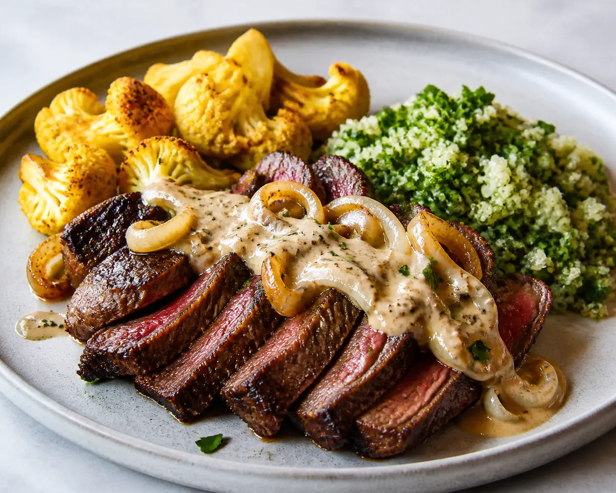 Bistec de Res con Salsa de Cebolla Rostizada, Tahini y Limón, acompañado de Coliflor Dorada y Quinoa con Perejil