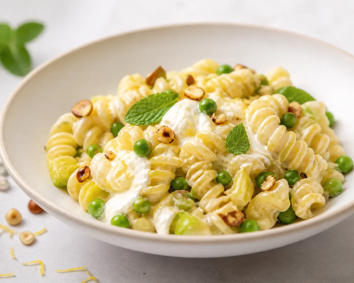 Creamy fusilloni with roasted peas, golden leek and stracciatella with mint, lemon and hazelnut