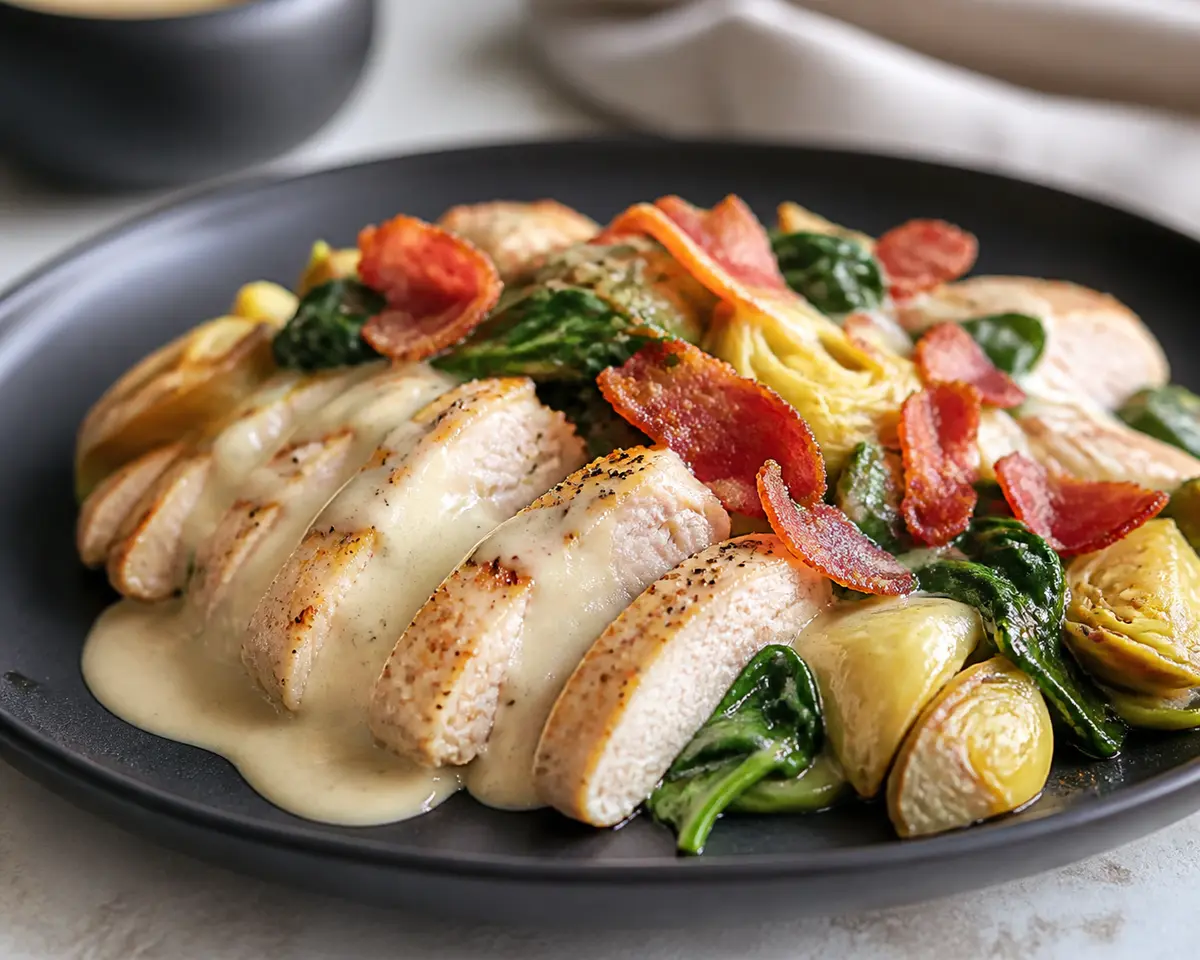 Sartén Keto de Pollo en Salsa de Manchego Curado, Alcachofas y Espinaca con Crujiente de Jamón