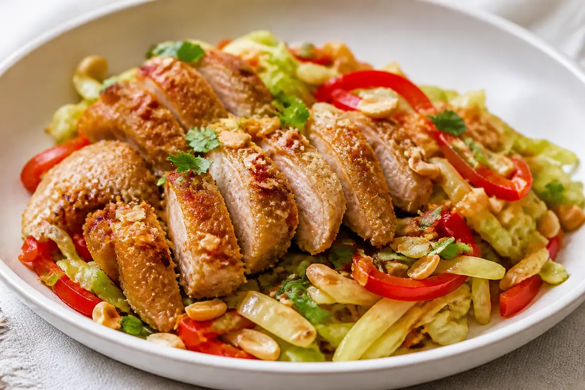 Pollo crujiente al coco-lima con salteado de col y cacahuate