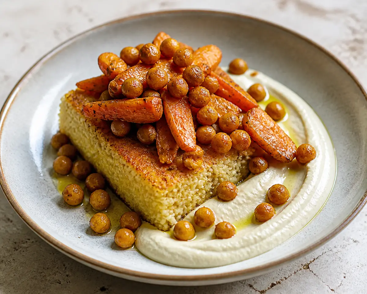 Pastel de mijo dorado con zanahorias especiadas, crema de coliflor al tahini y garbanzos crocantes