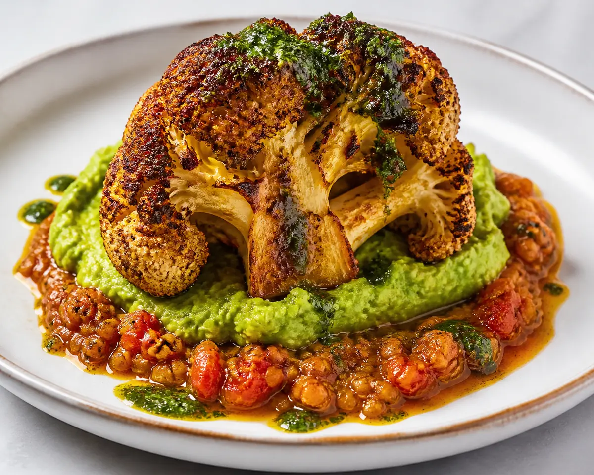 Spiced Roasted Cauliflower with Minted Pea Mash, Tomato Lentils, and Crispy Cumin Oil