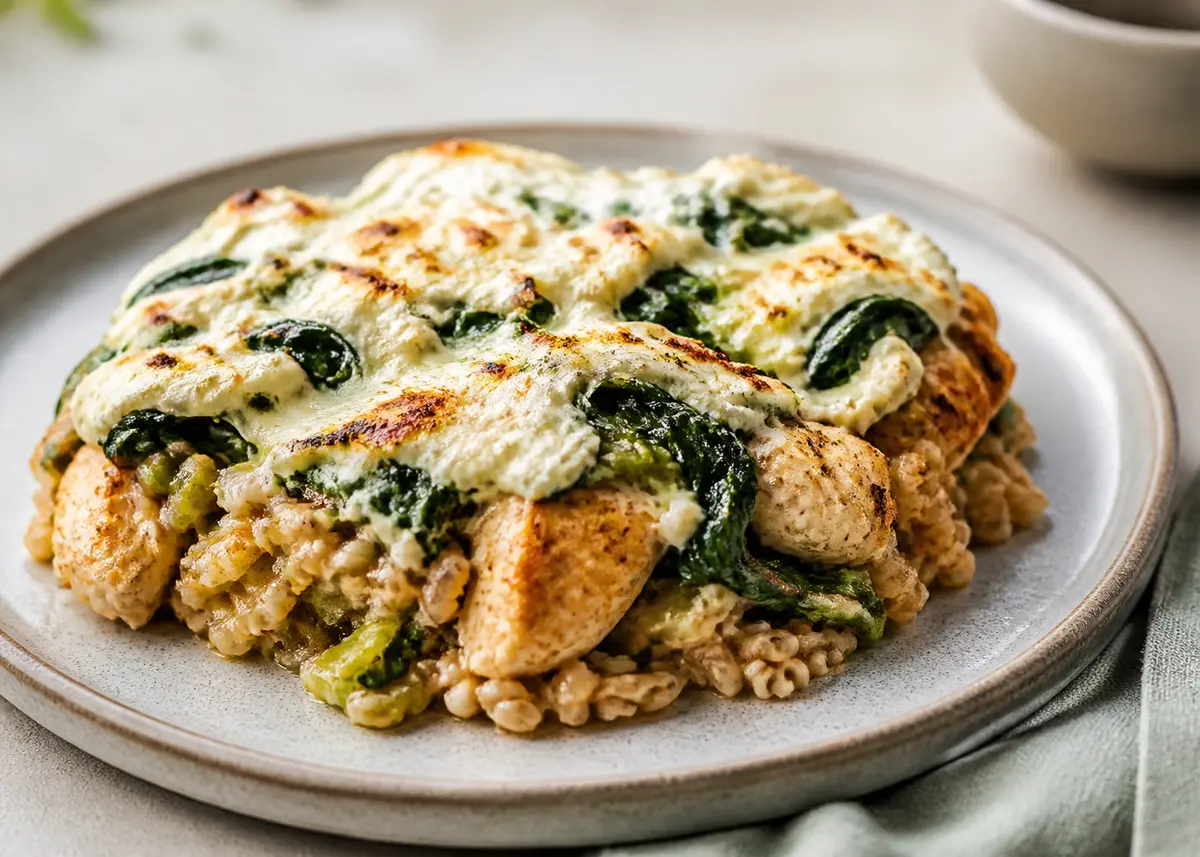 Pastel Familiar de Farro Cremoso con Pollo al Pimentón, Puerros y Tapa de Ricotta con Espinaca
