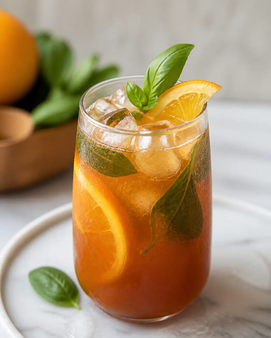 Spritz helado de tamarindo, naranja y té negro ahumado con albahaca