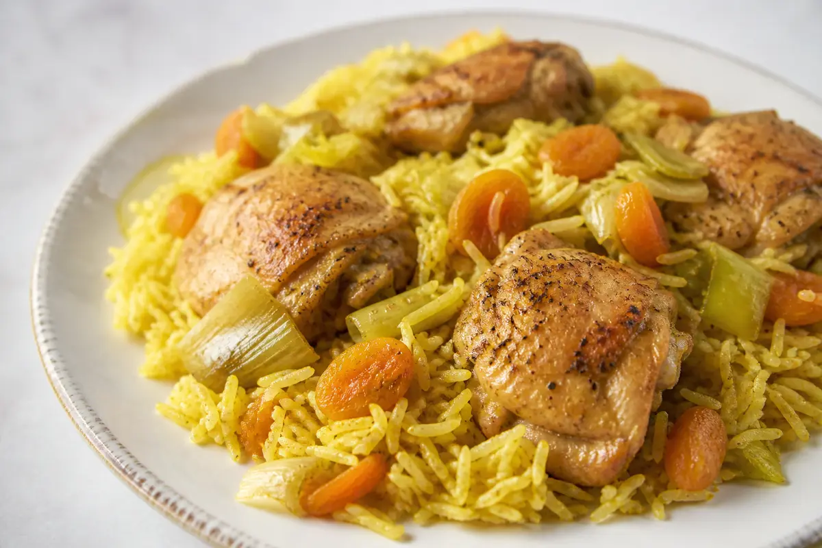 Instant Pot Chicken with Leeks, Dried Apricots, and Mild Turmeric Rice