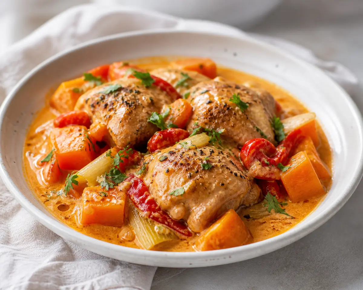 Slow Cooker Chicken with Pumpkin, Leeks and Mild Creamy Romesco Sauce