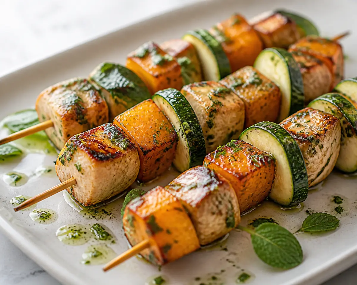 Grilled Chicken Skewers with Caramelized Melon, Zucchini, and Chile-Lime Mint Marinade