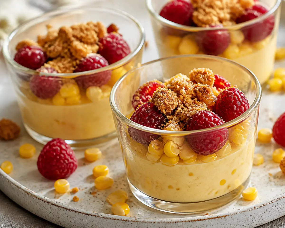 Vasitos tibios de crema de maíz dulce, frambuesas asadas y galleta crujiente de canela