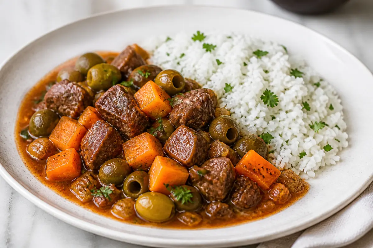 Ragú Caribeño de Res con Batata, Aceitunas y Arroz de Coco al Cilantro