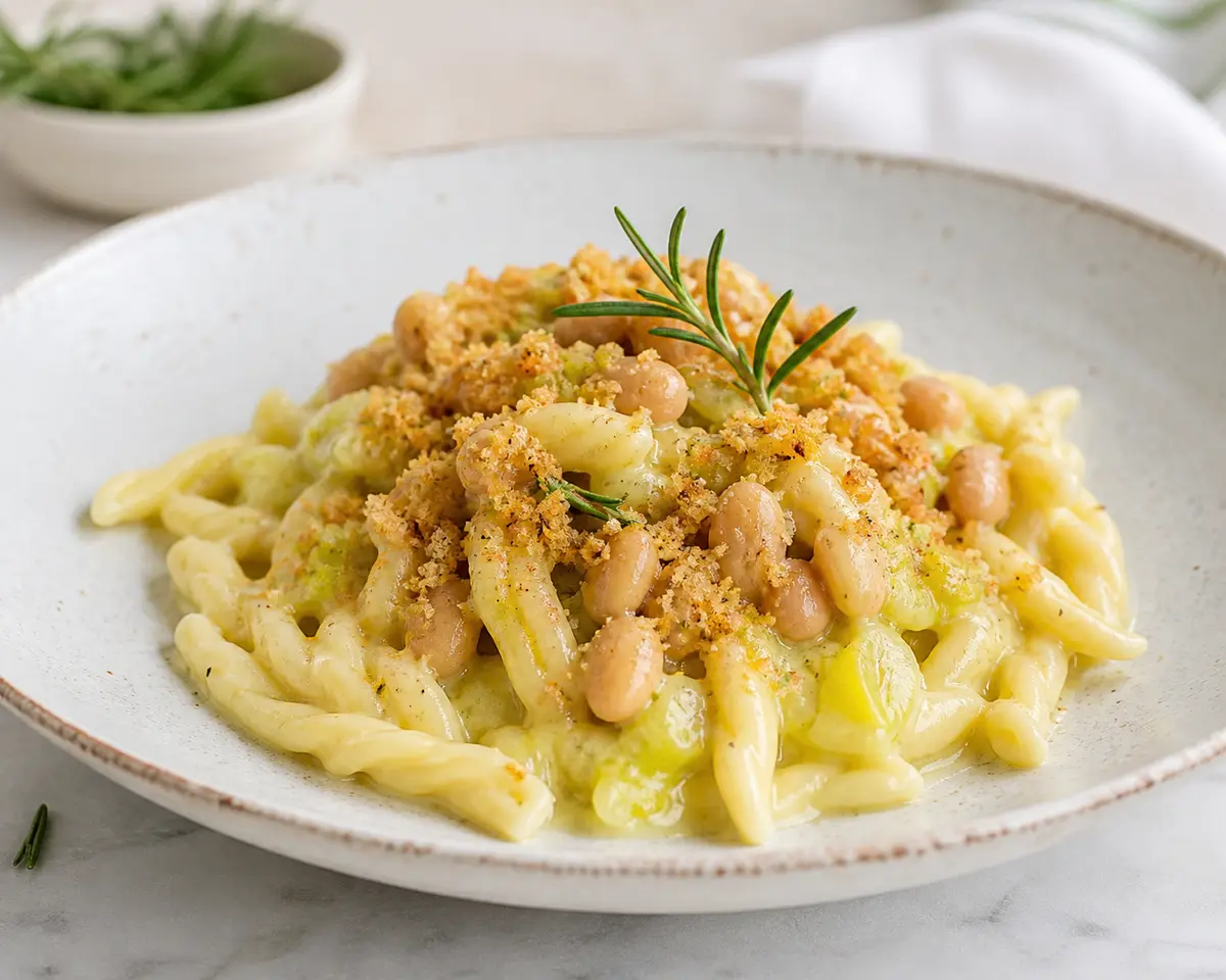 Strozzapreti with leek-lemon cream, crispy white beans, and rosemary pangrattato
