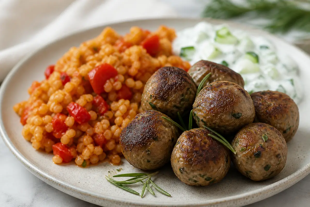 Mediterranean Turkey and Rosemary Meatballs with Roasted Pepper Barley and Cucumber Yogurt Sauce