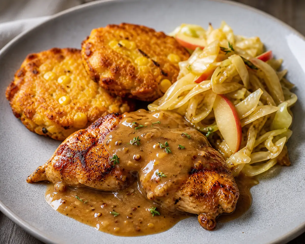 Skillet Chicken with Sorghum-Thyme Gravy, Golden Corn-Onion Cakes, and Warm Cabbage Apple Slaw