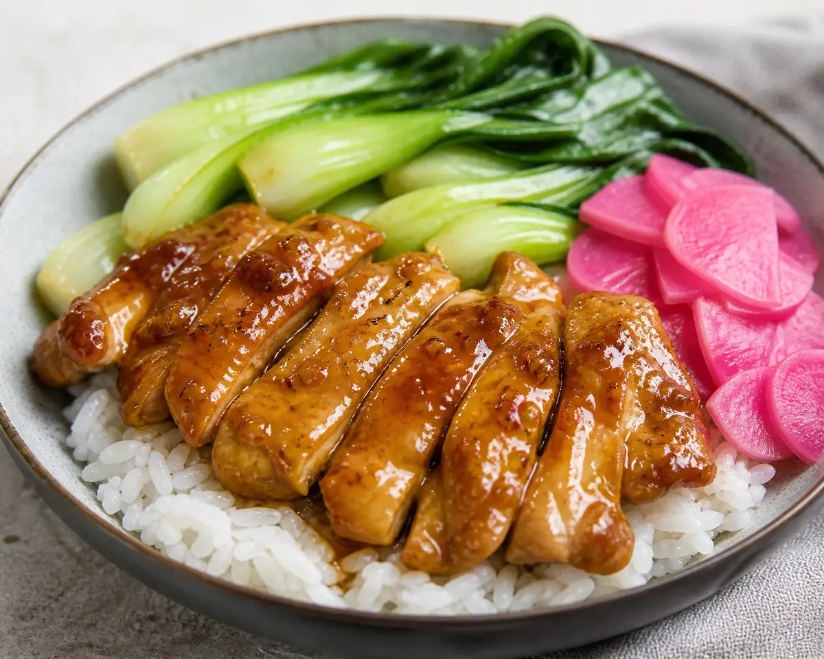 Bowl asiático de arroz jazmín con pollo glaseado de té verde y albaricoque, bok choy salteado y rábano encurtido rápido