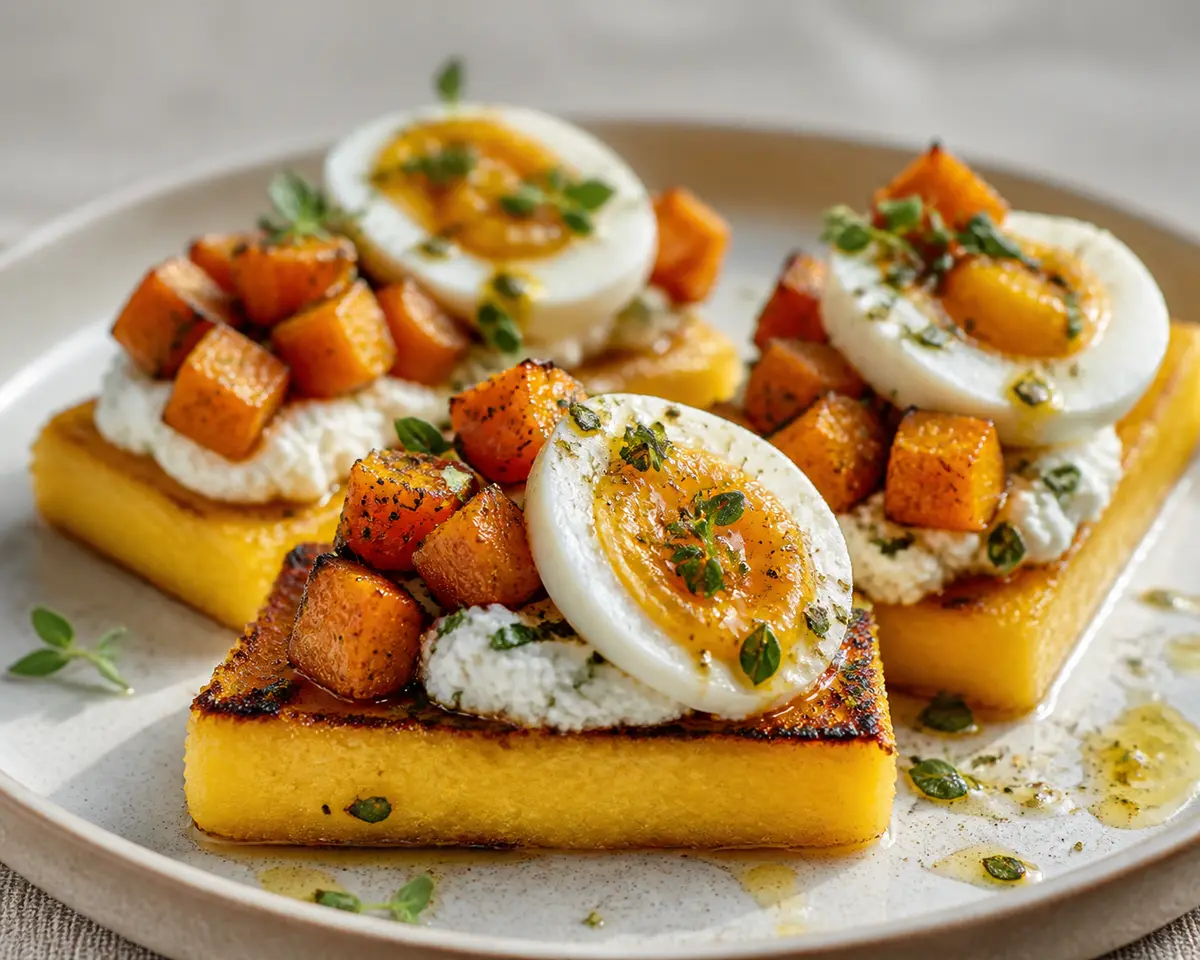 Tostadas de Polenta Crujiente con Requesón de Hierbas, Calabaza Asada y Huevo al Ajillo