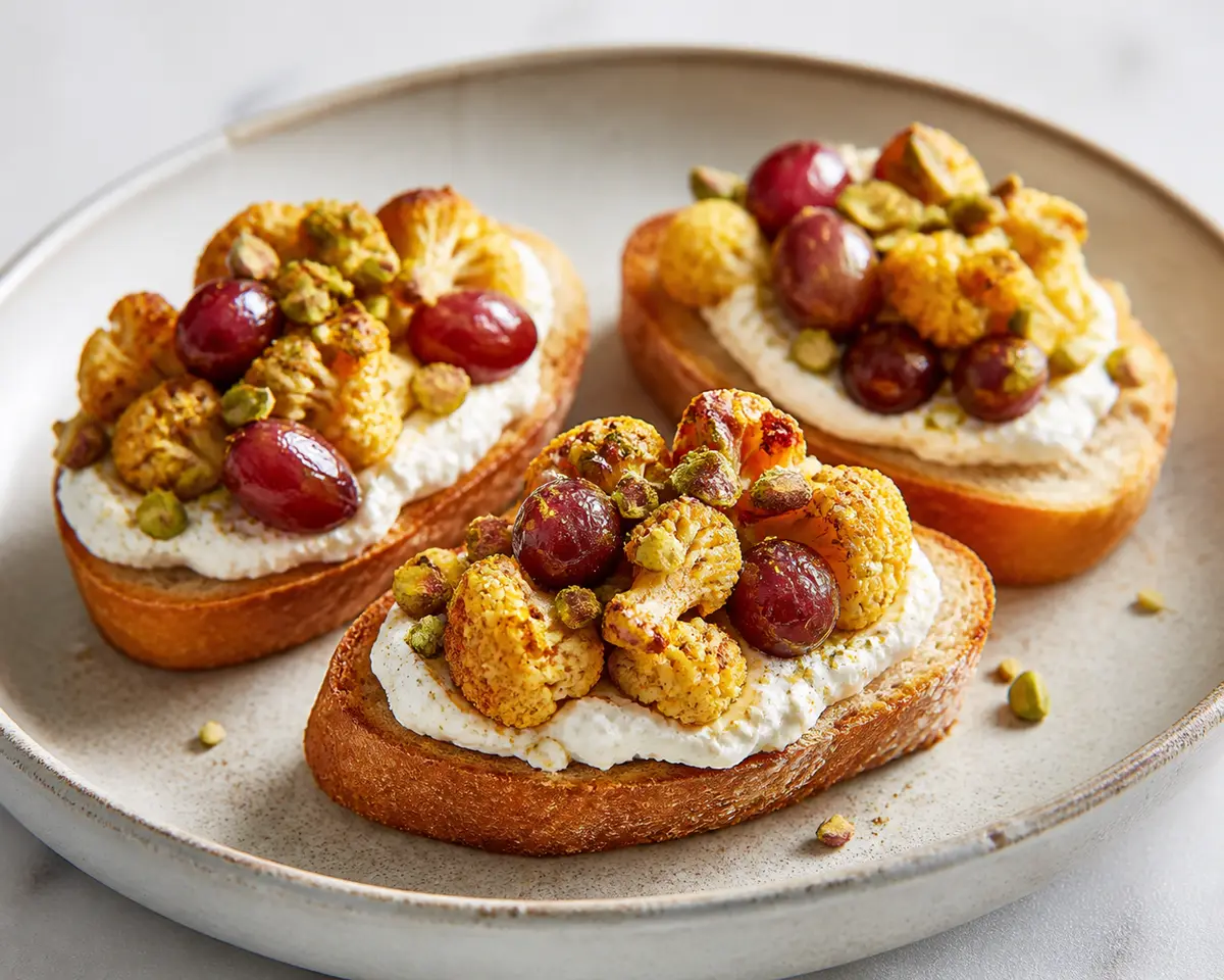 Tostadas de coliflor especiada con crema de yogur y feta, uvas asadas y pistacho