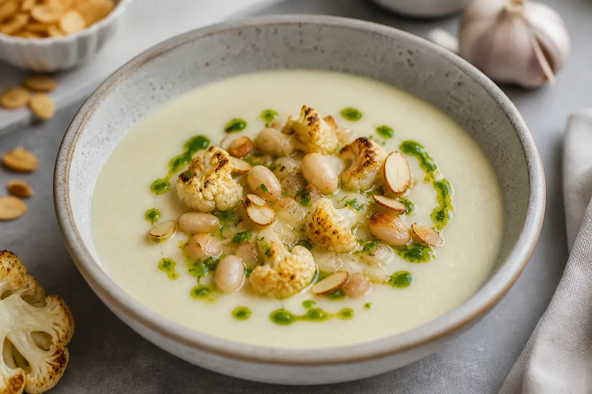 Creamy Roasted Cauliflower, Turnip and White Bean Soup with Chive Oil and Toasted Almonds