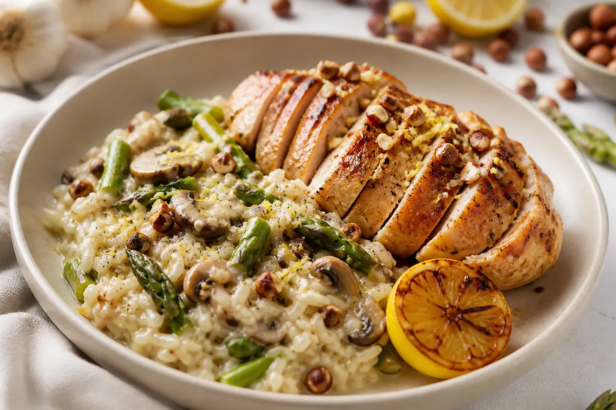 Arroz meloso de setas y espárragos con pollo al limón tostado y avellanas