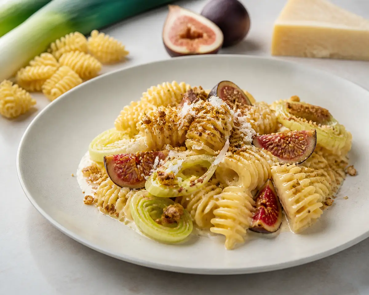 Creamy radiatori with smoked leek, caramelized figs and pecorino with walnut rosemary pangrattato