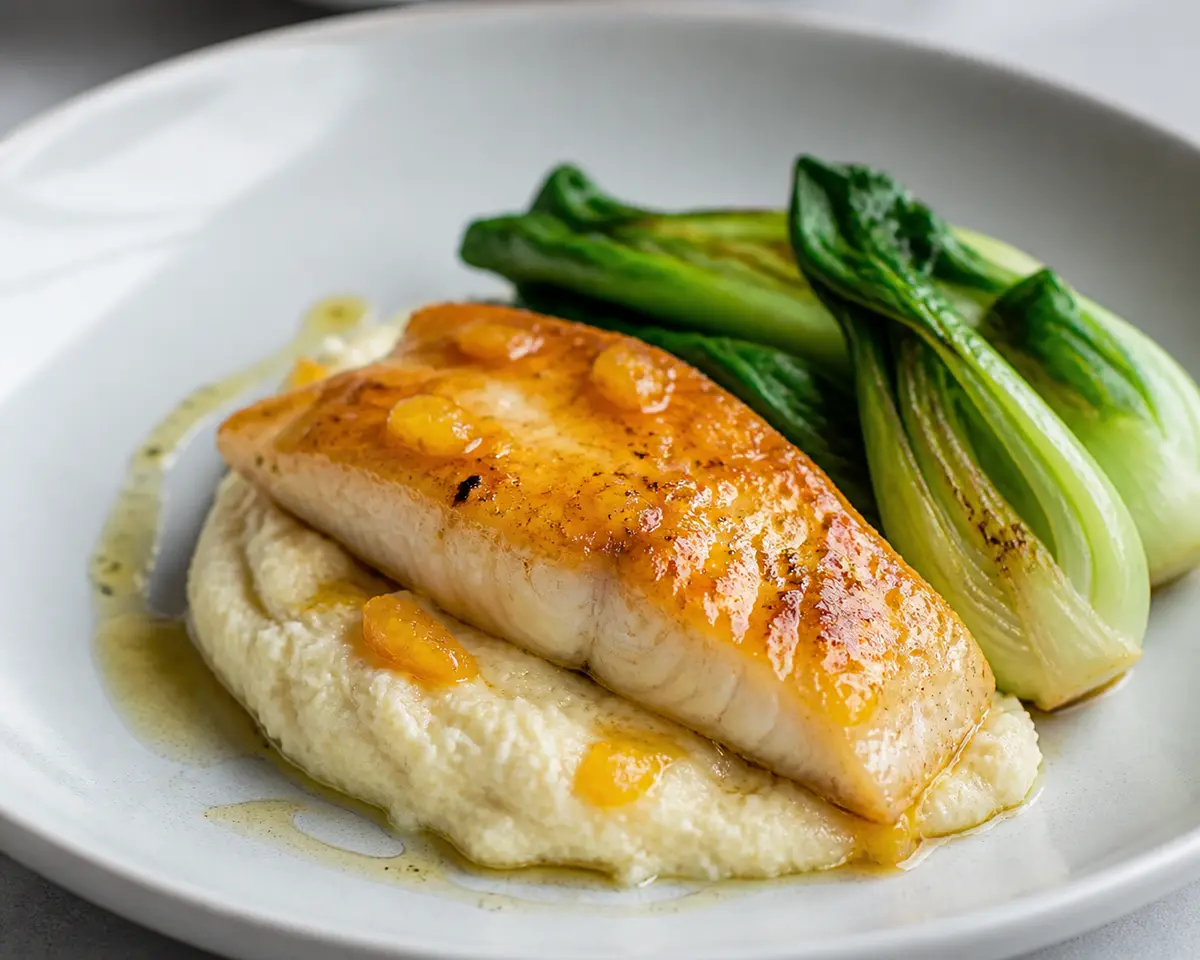 Corvina glaseada con miso suave y mandarina, puré rústico de coliflor y nabo, y bok choy salteado