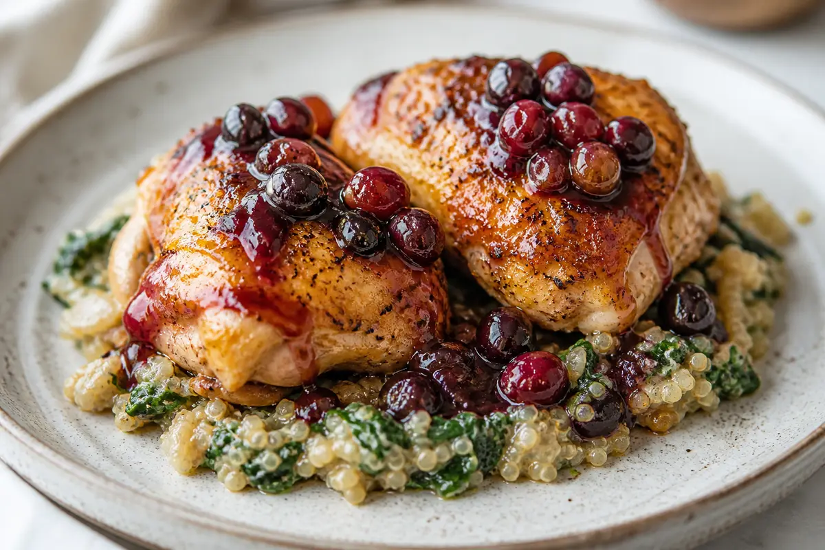 Oven-Baked Chicken with Black Grape and White Balsamic Sauce over Creamy Spinach Onion Quinoa