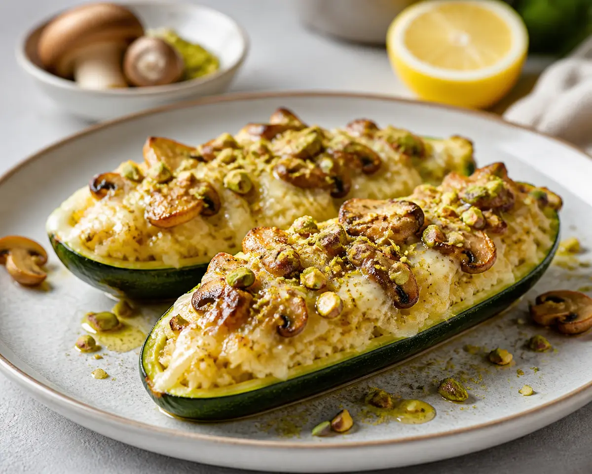 Zucchini Boats with Creamy Lemon Rice, Golden Mushrooms and Mozzarella Pistachio Crust