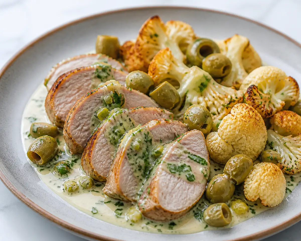 Keto pork tenderloin in mild chimichurri cream with roasted cauliflower and toasted olives