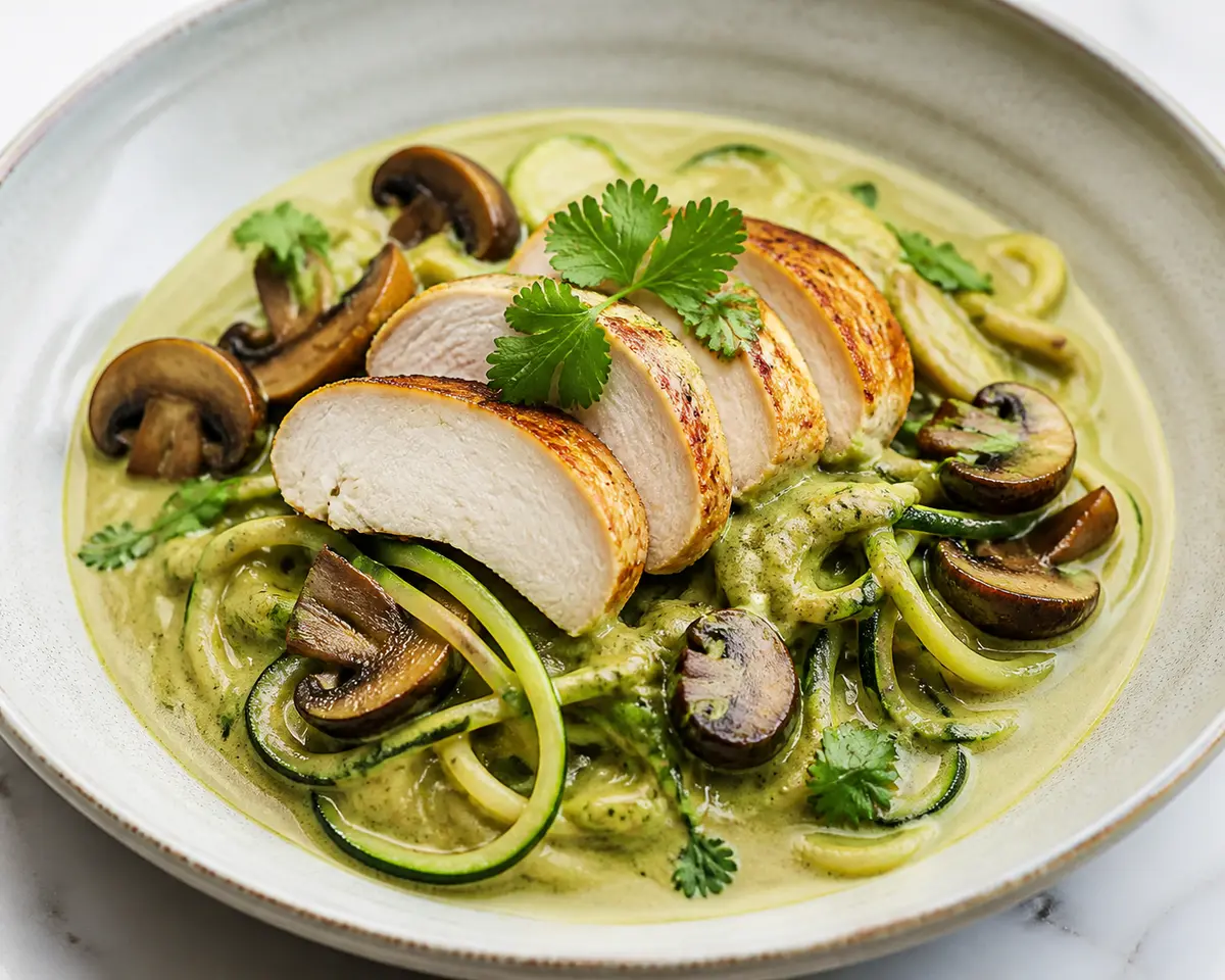 Mild Green Curry Chicken with Zucchini Noodles and Roasted Mushrooms