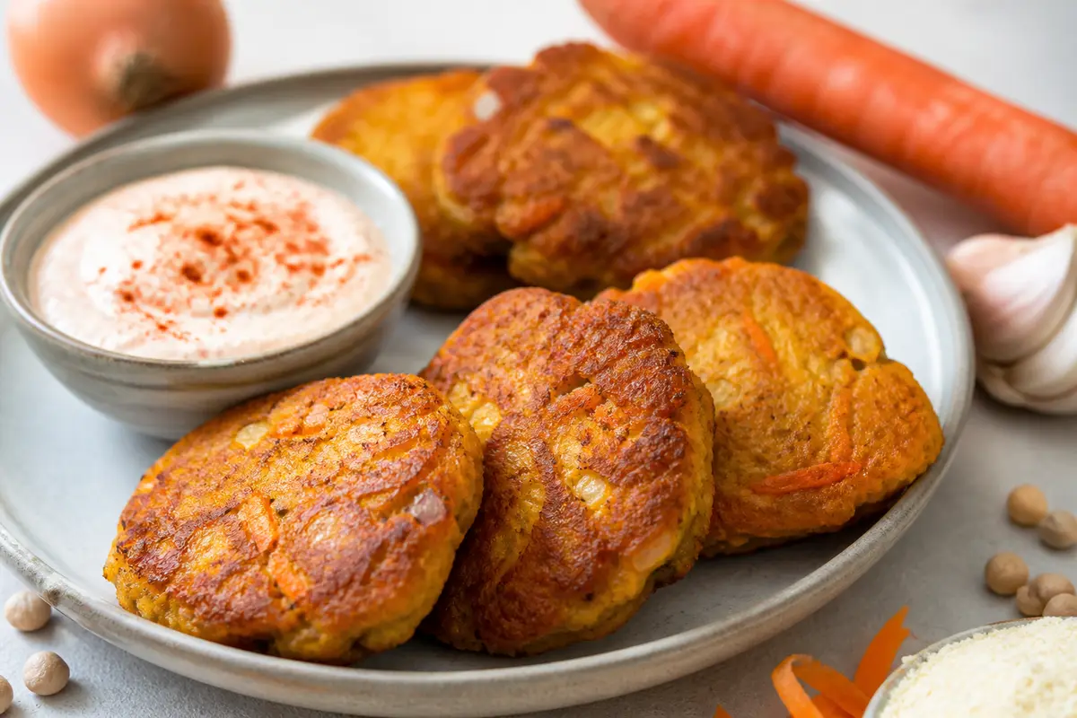 Tortitas Económicas de Pollo de Garbanzo, Zanahoria y Cebolla con Salsa de Yogur al Pimentón