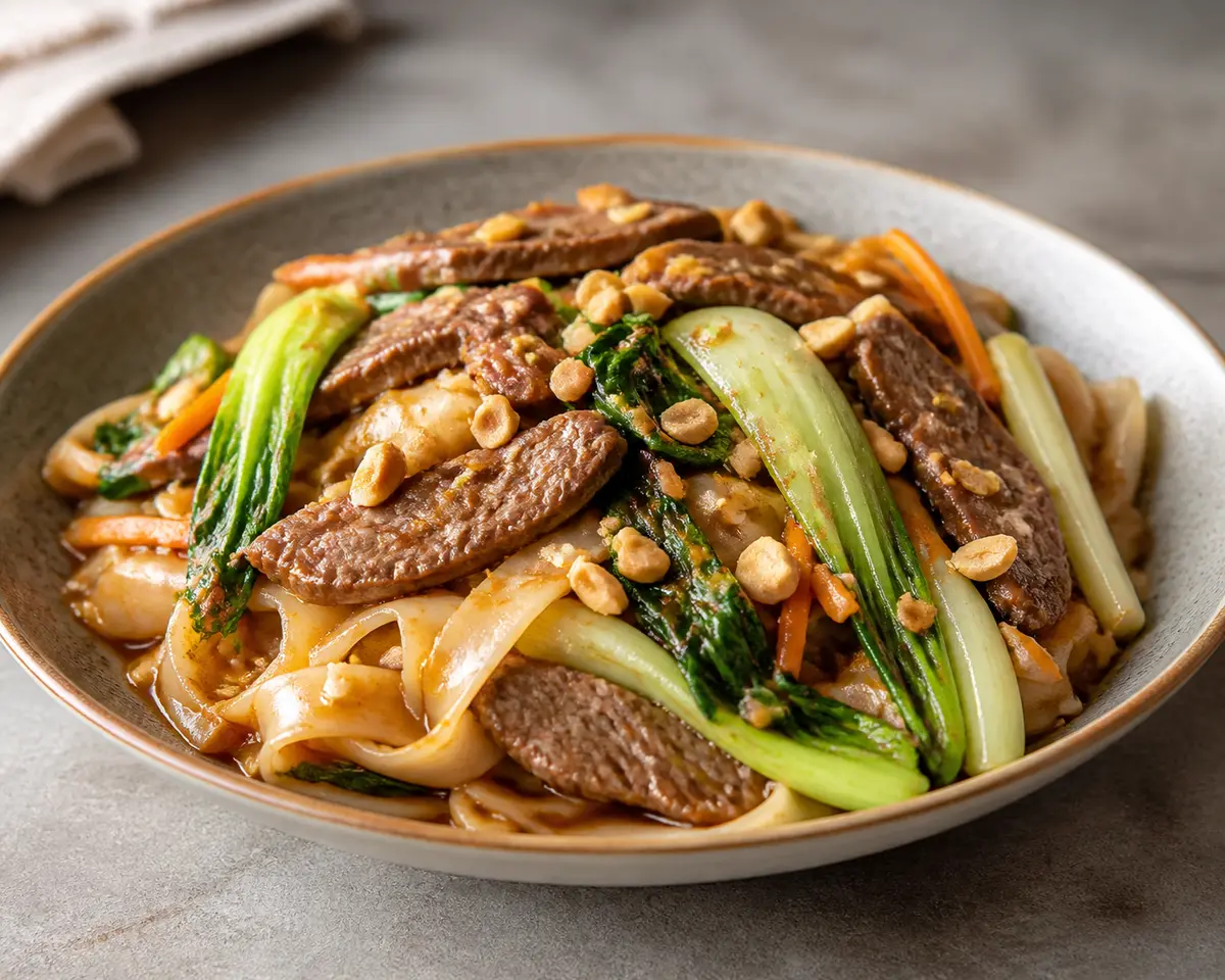 Quick Rice Noodles with Ginger Beef, Bok Choy and Toasted Peanuts
