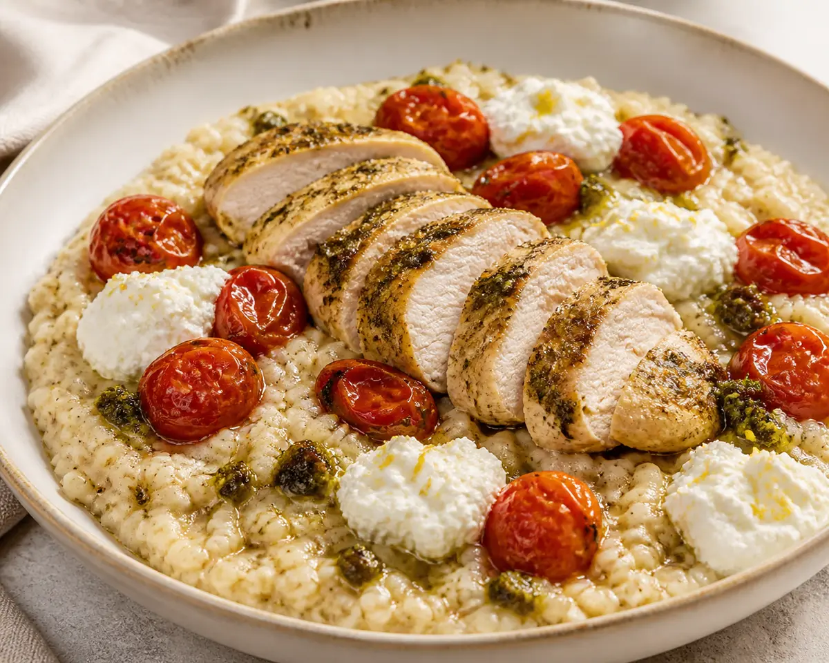 Family Baked Creamy Millet with Mild Pesto Chicken, Roasted Tomatoes, and Lemon Ricotta Topping