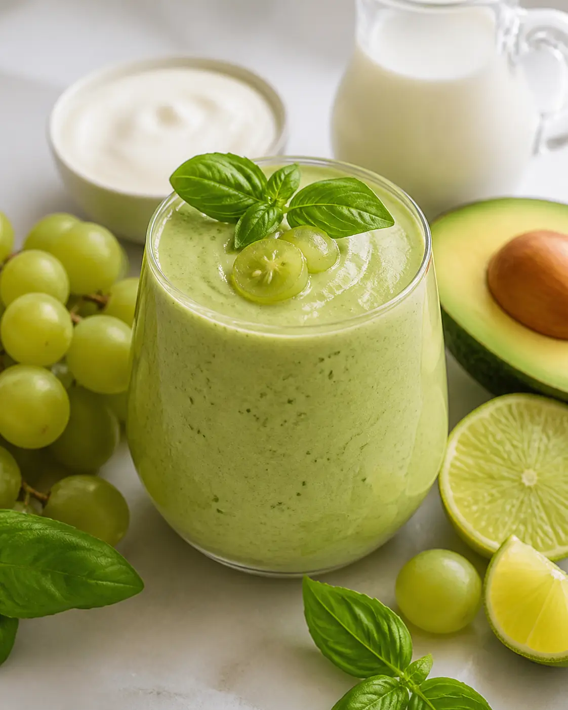 Green Velvet Smoothie with Grapes, Avocado, Lime, and Basil