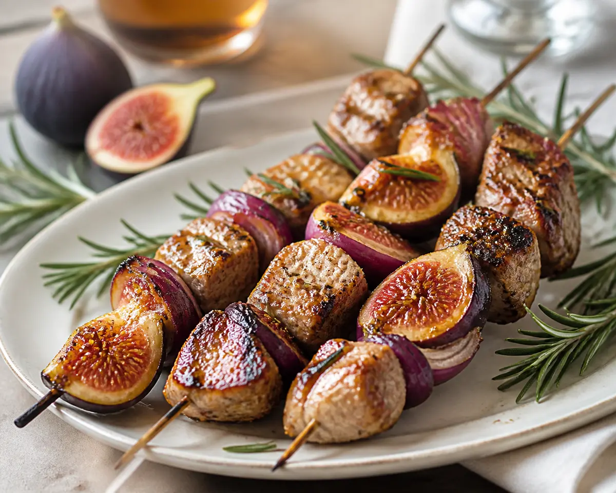 Brochetas de cerdo a la parrilla con higos frescos, cebolla morada y adobo de romero, jerez y mostaza