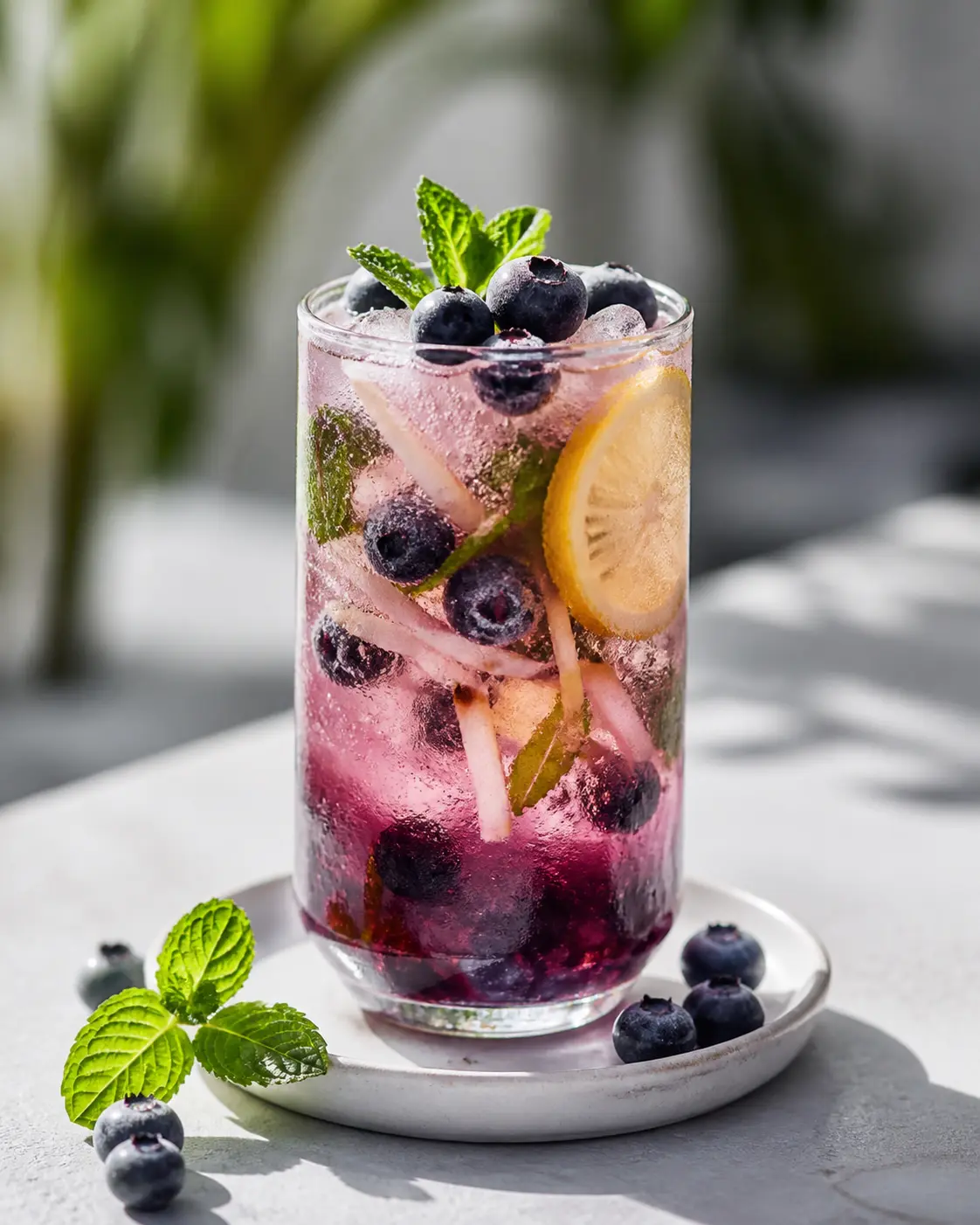 Fizz frío de arándano azul, coco y limón con té oolong y hierbabuena