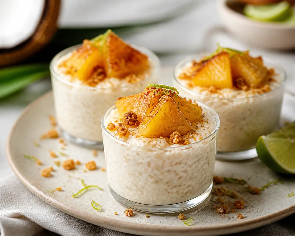 Cazuelitas tibias de arroz con leche de coco, piña tostada y costra crujiente de lima