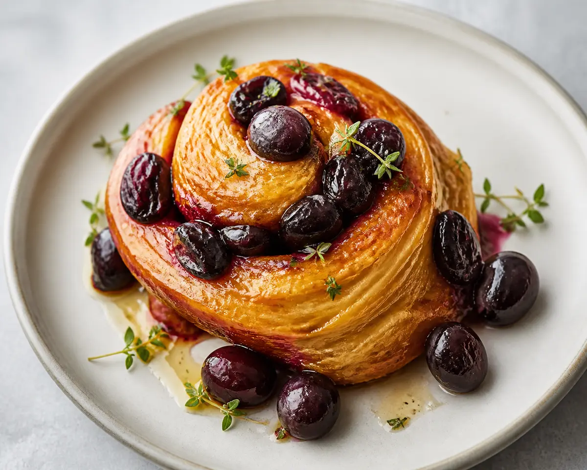 Bakery Swirls with Toasted Honey Butter, Roasted Black Grapes, and Lemon Thyme