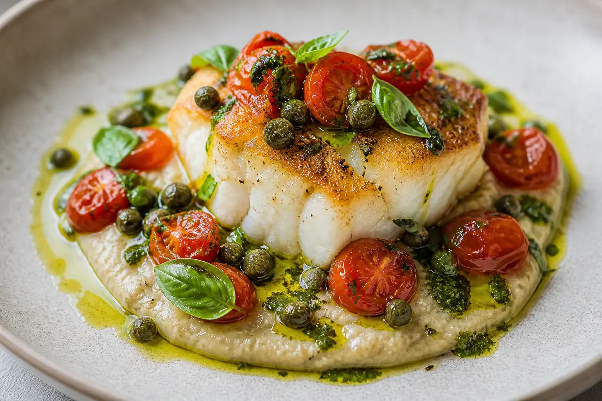 Mediterranean Cod over White Bean Eggplant Purée with Burst Tomatoes, Crispy Capers, and Basil Oil