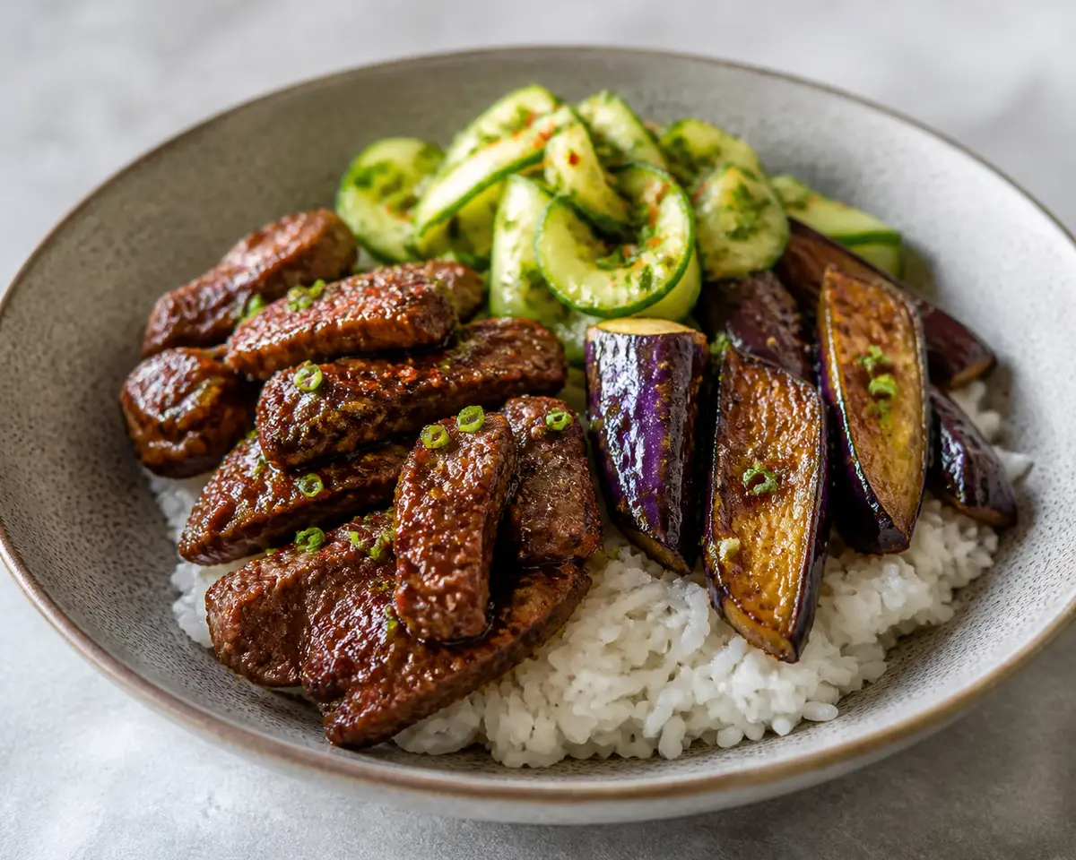 Bowl asiático de arroz de coco con ternera glaseada al gochugaru suave, berenjena lacada y ensalada de pepino con hierbas