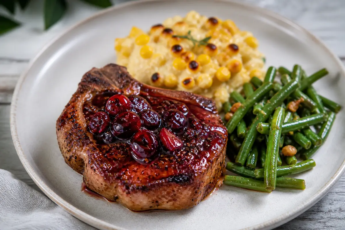 Pork Chops with Cherry-Chipotle Glaze, Creamy Toasted Corn Bake, and Skillet Green Beans
