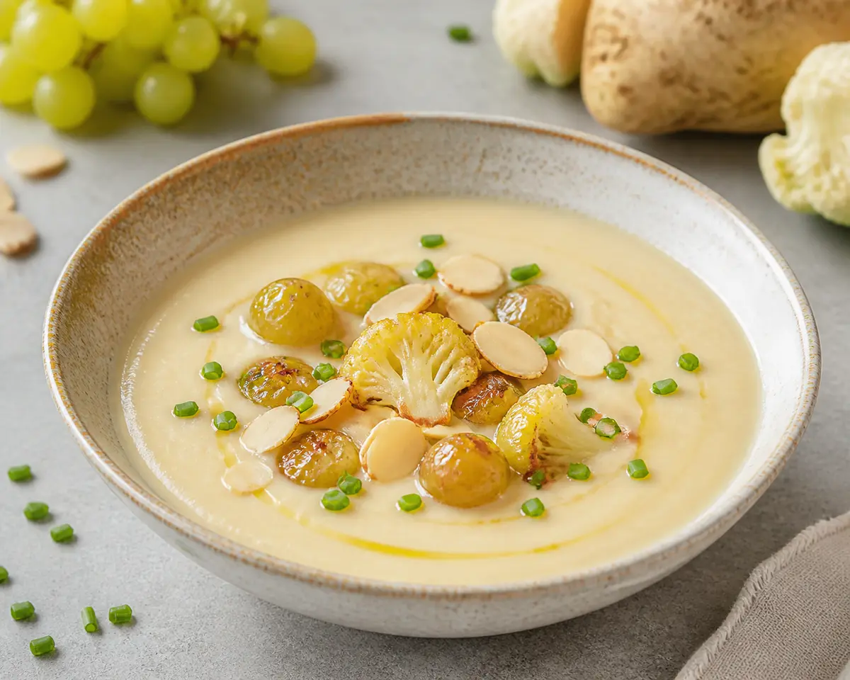Sopa cremosa de apio nabo, coliflor y uvas asadas con almendra y cebollino