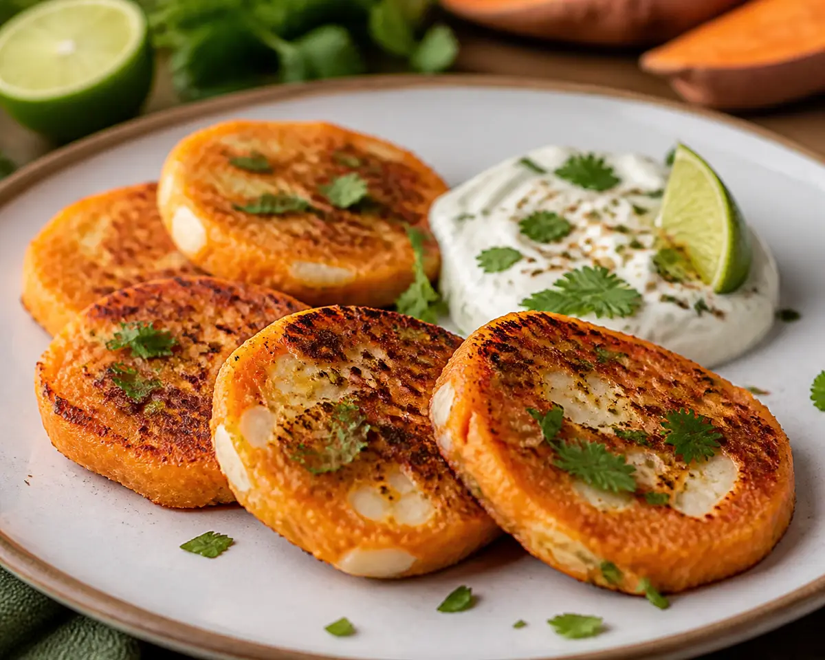 Crispy Sweet Potato and Halloumi Moons with Toasted Lime Yogurt and Cilantro